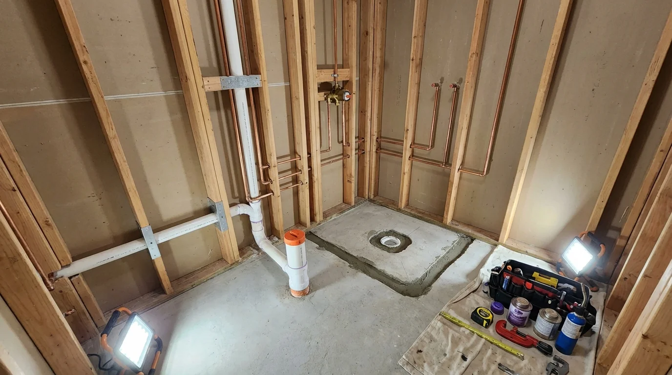 Bathroom rough-in plumbing during remodel by Johns Plumbing LLC in Olean