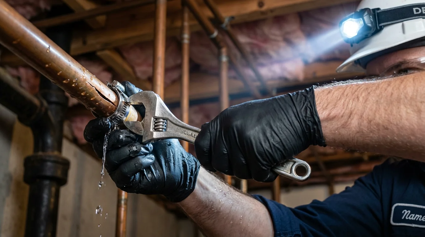 Emergency pipe clamp repair being performed by a Johns Plumbing LLC plumber in Olean