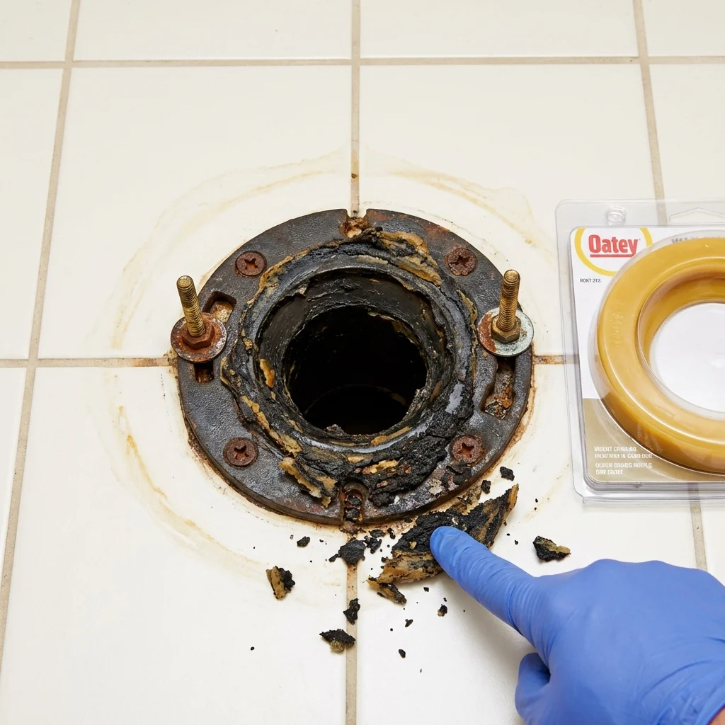 Failed wax ring showing water seepage at the base of a toilet in a Olean, NY home