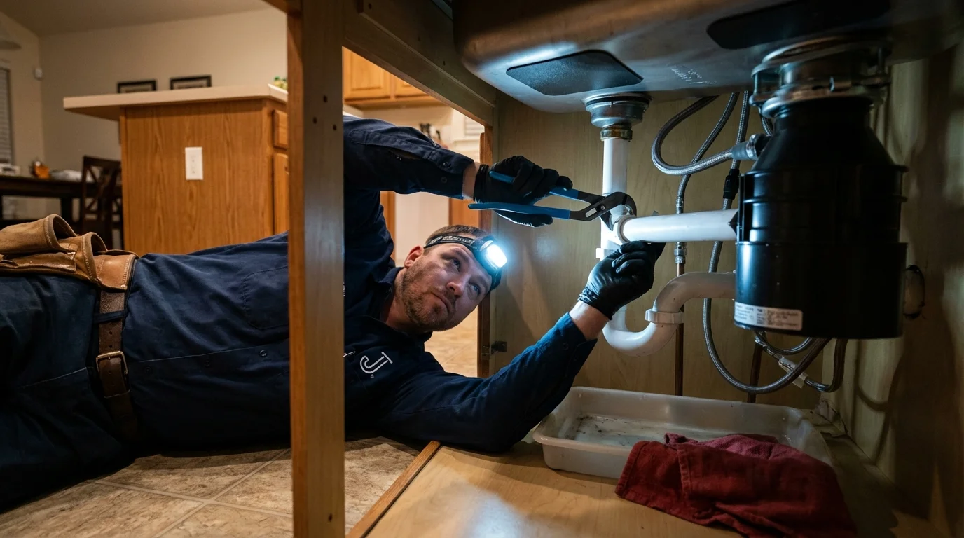 P-trap and supply line connections under a kitchen sink showing a common leak point in Olean, NY